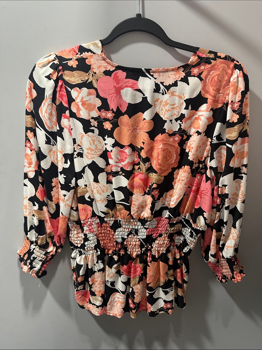 Harve Benard Black Floral Wrap Peplum Top with Coral & Cream - Picture 2 of 4